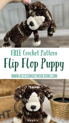 a crocheted puppy stuffed animal sitting on top of a wooden box with the text free crochet pattern flip flop puppy