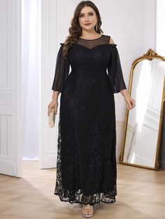 Plus Size Lace Patchwork 3/4 Sleeve Maxi Evening Gown (Heavily Embellished), Elegant Long Sleeve Semi Formal Prom Dress, For Birthday, Wedding Guest, Graduation Homecoming Black Elegant  Long Sleeve Lace Plain A Line Slight Stretch Spring/Fall,Winter Weddings & Events, size features are:Bust: ,Length: ,Sleeve Length: Lace Mother Of The Bride Dress With 3/4 Sleeves, Mother Of The Bride 3/4 Sleeve Dress For Banquets, Mother Of The Bride Long Sleeve Lace Evening Dress, Long Sleeve Holiday Dress For Mother Of The Bride, Long Sleeve Dress For Mother Of The Bride, Holiday, Holiday Long Sleeve Mother Of The Bride Dress, Holiday Long Sleeve Dress For Mother Of The Bride, Plus Prom Dresses, Lace Kaftan