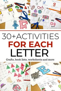 the words and numbers for each letter are shown in this collage with pictures of different activities