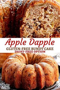 this is an image of a cake with apples on top and the words, apple dapple gluten free bundt cake dairy - free option