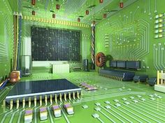 an image of a green room with electronic circuit boards on the walls and flooring