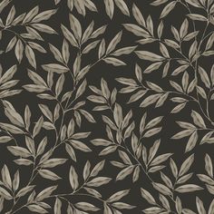 a black and white wallpaper with leaves in the middle, on a dark background