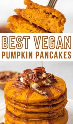 the best vegan pumpkin pancakes are stacked on top of each other