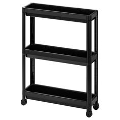 three tiered shelf with wheels on each side and black plastic shelves below the top