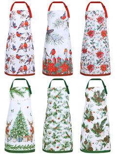 four aprons with christmas designs on them, one is white and the other is red