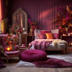 a bedroom decorated in pink and purple with candles on the bed, fur rugs and flowers