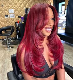 99J Burgundy Color Straight Layered Human Hair  14-18Inch  180% density Red Sew In Closure, Colored Layered Wig Black Women, 99j Wig Hairstyles, Black Women With Red Hair, Red Wig Install, Red Hairstyles For Black Women, Red Sew In, Natural Layers, Red Weave Hairstyles