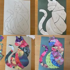 four pictures of paper cut outs with flowers and numbers on them, including one cat