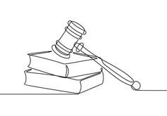 a line drawing of a judge's gaven on top of books with a hammer