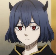 an anime character with red eyes and horns on his head, staring at the camera