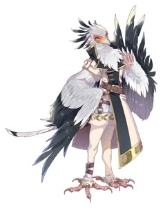 an anime character dressed in armor and holding a large bird