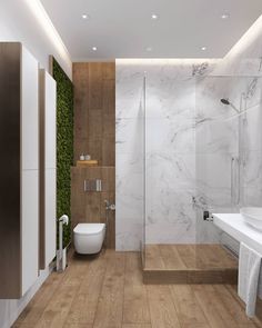 a modern bathroom with marble walls and flooring