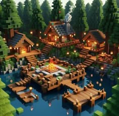 a minecraft village is lit up at night in the woods and surrounded by trees