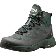 the men's hiking boot is grey and green