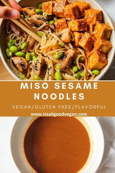 a bowl of miso sesame noodle soup with chopsticks in it and the title overlay reads miso sesame noodle noodles vegan gluen free / flavor