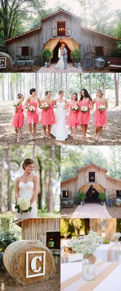 the bride and her bridal party are posing for pictures in front of their barn