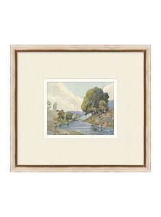 a watercolor painting of a river with trees and houses in the background, framed on white paper