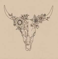 a cow skull with flowers on it's horns is seen in this tattoo design