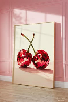 a painting of two red cherries in front of a pink wall