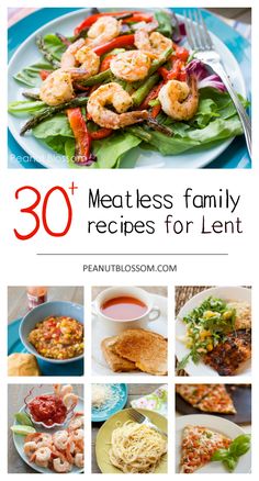 the cover of 30 meatless family recipes for lents, including shrimp and vegetables