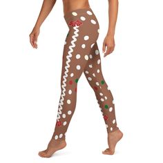 Gingerbread leggings, dessert costume leggings for women. Gingerbread leggings are stylish, durable and a hot fashion staple. Polyester/spandex leggings that are made of a comfortable micro fibre yarn and will never lose their stretch.  Additional Details * Fabric: 82% polyester, 18% spandex * Fabric weight: 6.78 oz/yd² (230 g/m²) (weight may vary by 5%) * UPF 50+ * Made of a micro fibre yarn, which makes the item smooth and comfortable * Four-way stretch fabric that stretches and recovers on the cross and lengthwise grains * Elastic waistband * Overlock and cover stitch Sustainable manufacturing + handmade to order Available sizes: XS, S, M, L, XL Washing Instructions: Delicate machine wash, inside-out on a gentle cycle. Hang-dry. No iron. If you have any queries before or after receiving Gingerbread Lady Costume, Dessert Costume, Womens Christmas Gifts, Gingerbread Costume, Nutcracker Leggings, Elf Leggings, Dessert Theme, Candy Cane Leggings, Funky Tights