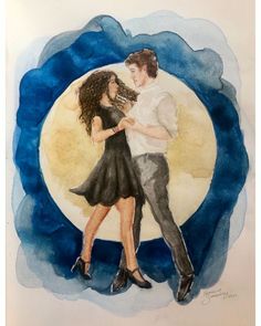 a watercolor painting of a couple dancing in front of the moon with their arms around each other