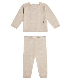 Baby wool sweater and pants set in beige - Bonpoint | Mytheresa Classic Long Sleeve Winter Sets, Beige Knit Loungewear Sets, Cozy Fitted Sets For Winter, Cozy Fitted Winter Sets, Fitted Cream Sets For Winter, Baby Boy Shoes, Ankle Cuffs, Wool Sweater, Color Names