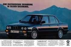 an advertisement for the bmw e34 sedan in germany, with information about the car