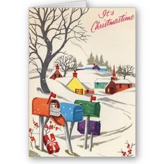 a christmas card with mailboxes in the snow