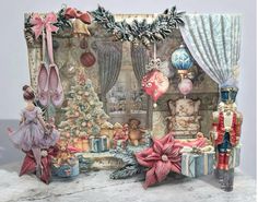 a christmas scene is shown with toys and decorations