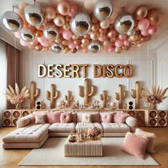 a living room filled with lots of furniture and balloons