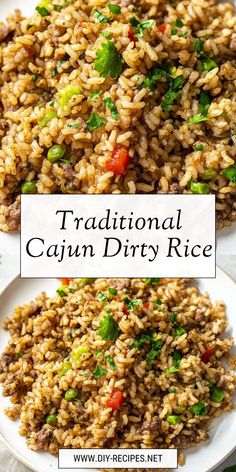 traditional cajun dirty rice on a white plate with the title above it reads traditional cajun dirty rice