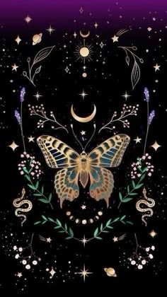 a butterfly with stars and crescents on it's wings in the night sky