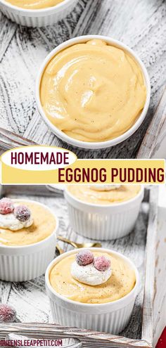 homemade eggnog pudding in small white dishes with spoons on the side and text overlay