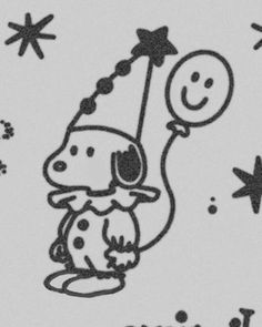 a black and white drawing of a dog holding a balloon with stars in the background