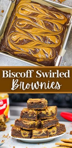 brownies are stacked on top of each other with peanut butter swirl in the middle