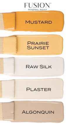 four different shades of paint with the words, mustard, mustard and mustard on them