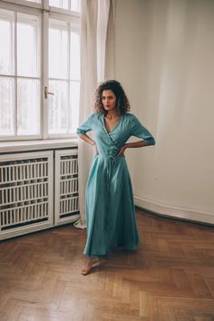 "Blue Green Linen Maxi Dress, Summer Linen Wrap Dress, Plus Size Maxi Dress for Women ♠Timeless elegance in its most graceful form. We would like to present you this A-line wrap linen dress with an elegant tie waist, long sleeves and a V-neck collar. Made of 100% high quality linen, this piece is available to order in multiple classic colors. Here to serve you for many seasons to come. ♠ If you would like a removable Slip dress in addition to your Linen dress, please check the Slips section: http://etsy.me/36T5ZQu ♠ Sizes My body Size Chart is available below. ** Custom Orders For any changes or adjustments you may need, please contact us before making a purchase. The amount of the additional payment depends on the type of customization requested. Please allow additional time for custom si Light Blue V-neck Dress For Daywear, Green Fitted Linen Dress, Fitted Maxi Length Wrap Dress For Daywear, Blue Fitted Maxi Length Shirt Dress, Elegant Fitted Green Linen Dress, Elegant Blue Maxi Length Shirt Dress, Elegant Blue Maxi Shirt Dress, Fitted Blue A-line Linen Dress, Elegant Green Linen V-neck Dress