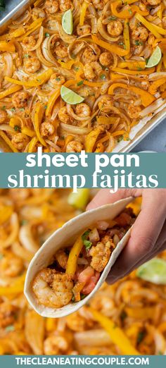 sheet pan shrimp fajitas with limes and cilantro on the side