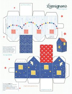 an origami house with stars and lights on it is cut out from paper