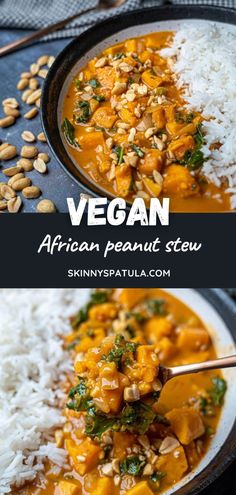 vegan african peanut stew in a bowl with rice and peanuts