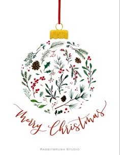 a merry christmas ornament with holly and pine cones on it, hanging from a red ribbon