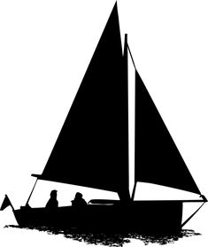 a black and white silhouette of a sailboat with two people on the front in the water