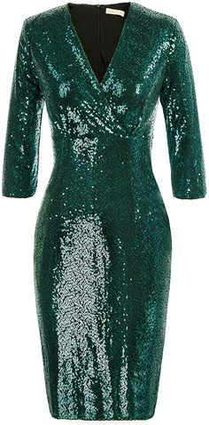 This holiday-themed dress is perfect for your festive occasions. Featuring a 3/4 length sleeve and wrap design, this hunter green sequin dress is sure to make a statement. The glitter detail adds a subtle glamour, making it perfect for any formal event. Shell: 98% Polyester + 2% Viscose, Lining: 95% Polyester + 5% Spandex Zipper closure GARMENT CARE: Hand wash, hang or line dry, do not dry clean, ironing reverse cold Size Chart Small = Dress 4-6, Bust,33"-35", Waist 25-26", Hips 35"-37"Medium =