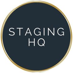 the logo for staging hq, which is gold and black with white letters on it