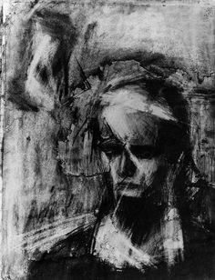 a black and white drawing of a man's face with his hair pulled back