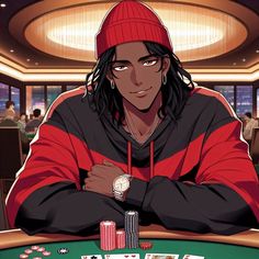 a man sitting at a poker table with his arms crossed, wearing a red hat