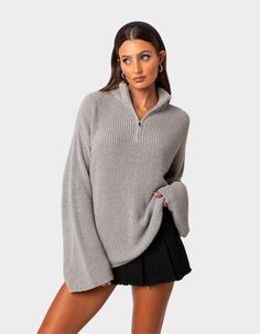 Stay Relaxed To The Max In This Essential Cozy Oversized Zip Sweater. Throw It Over Any Outfit For The Perfect Chilled Vibe. Zip Sweater. Oversized Fit. High Neckline. Knitted Fabric. Model Wears Size S. Model Height Is 5'9. Item Care: Wash With Similar Colors. 100% Cotton. | Edikted Amour High Neck Oversized Zip Sweater Styling Half Zip Sweaters, Obersized Sweater, Sweater Zip Up, Oversized Quarter Zip Outfit, Church Winter Outfit, Knit Shirt Outfit, Quarter Zip Outfit, Oversized Quarter Zip, Timeless Closet