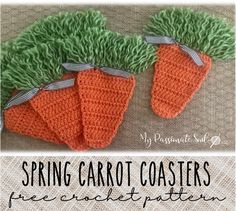 crocheted carrots with green leaves and bows on them are featured in the spring carrot coaster pattern