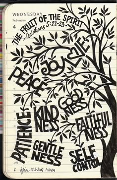 an open notebook with some writing on it and a tree in the middle that has words written